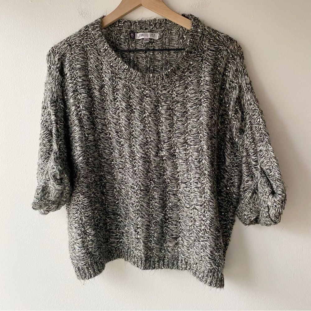 jennifer lopez gray sequin fuzzy flowy sweater size xs